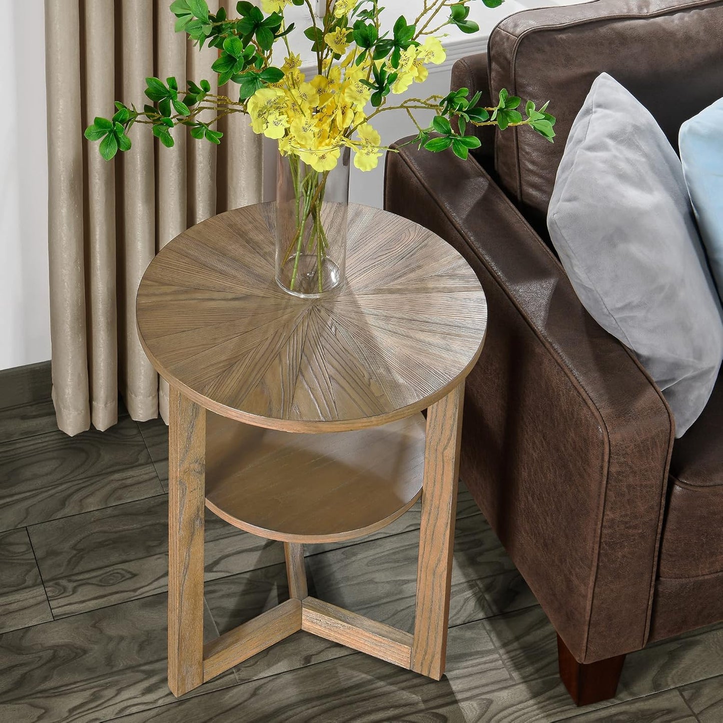 MODERION Round End Table, Farmhouse Side Table with Storage Shelf, Classic Circular Solid Wood Beside Table, 2-Tier Telephone Table, Nightstand, 24”H x 19.3”D for Living Room Rustic Natural BZ3338