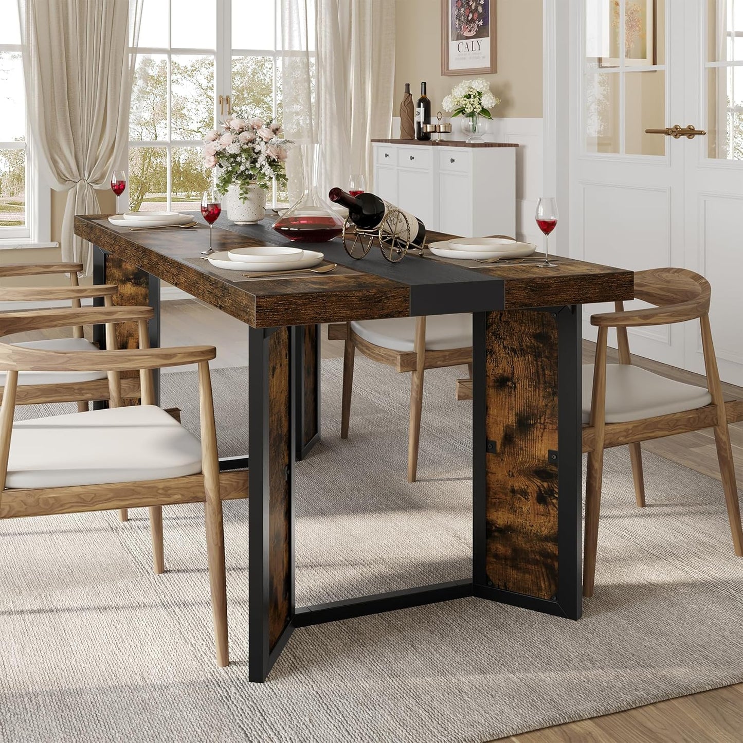 Industrial Dining Table for 6-8 People, 71" Large Long Wooden Kitchen Table with Sturdy Metal Frame & Brown Finish, Rustic Style Rectangular Dinner Table for Dining Room, Kitchen (Vintage Brown)