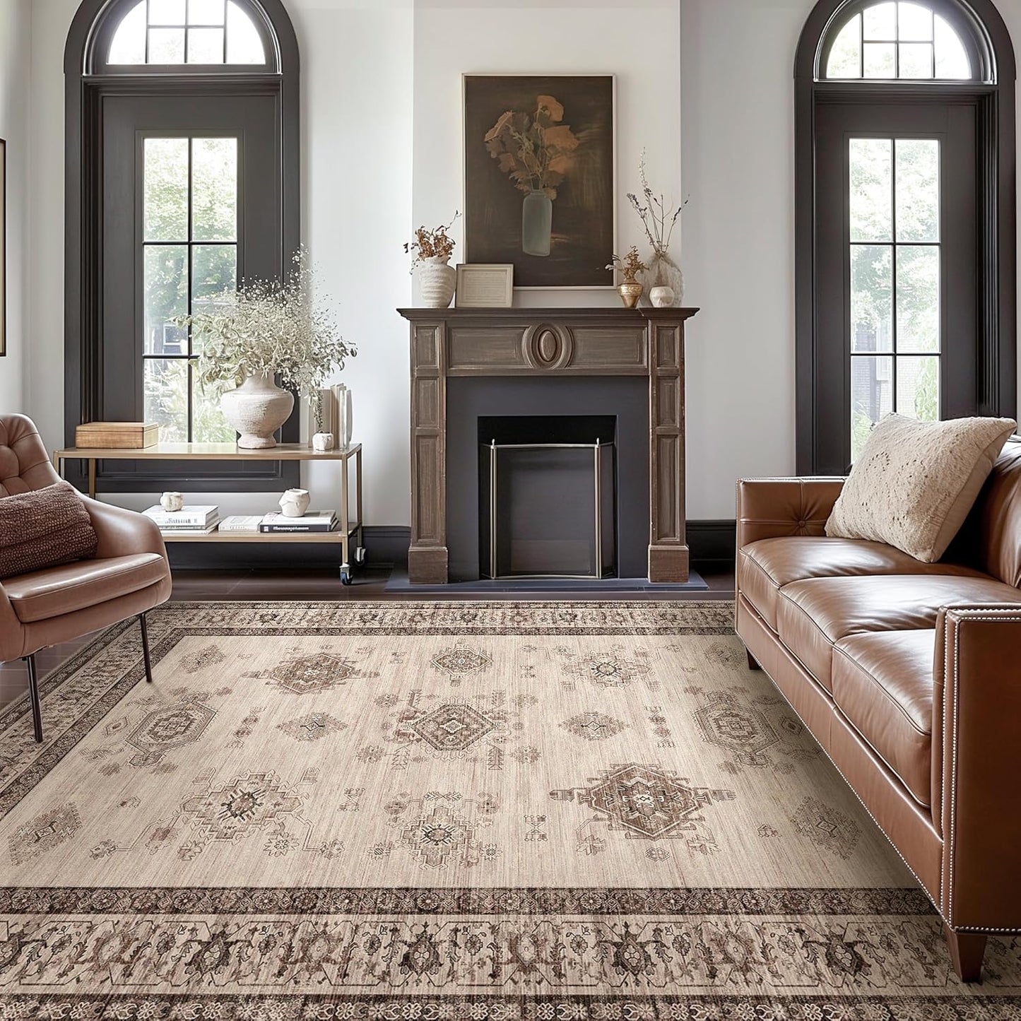 8X10 Area Rugs Machine Washable Rugs for Living Room, Vintage Boho Large Rugs for Bedroom Dining Room, Non Slip Indoor Soft Distressed Lightweight Thin Low Pile Carpet, Beige