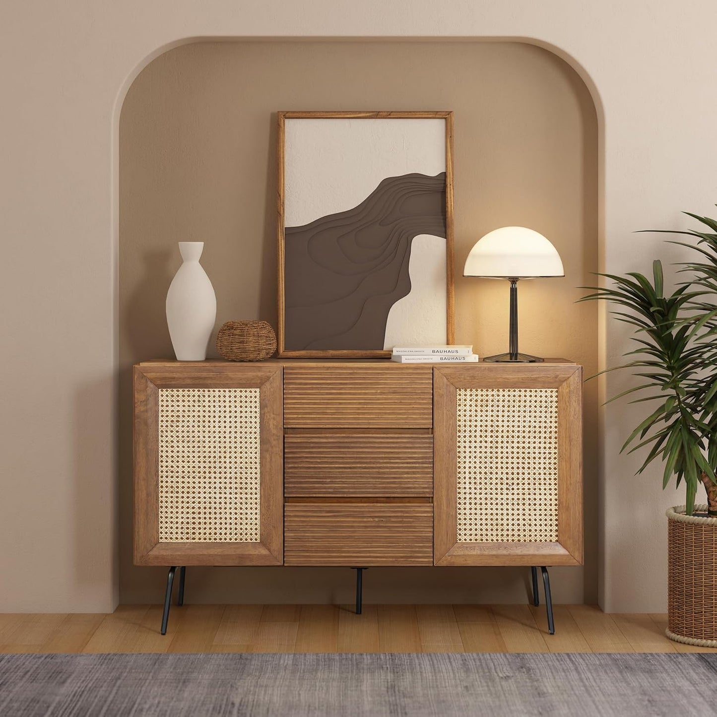 NTC MOSSIC Sideboard with 2 Doors and 3 Drawers, Buffet Cabinet with Natural Rattan and Metal Legs, Modern Storage Cabinet for Living Room, and Hallway, Effortless Assembly, Teak Look