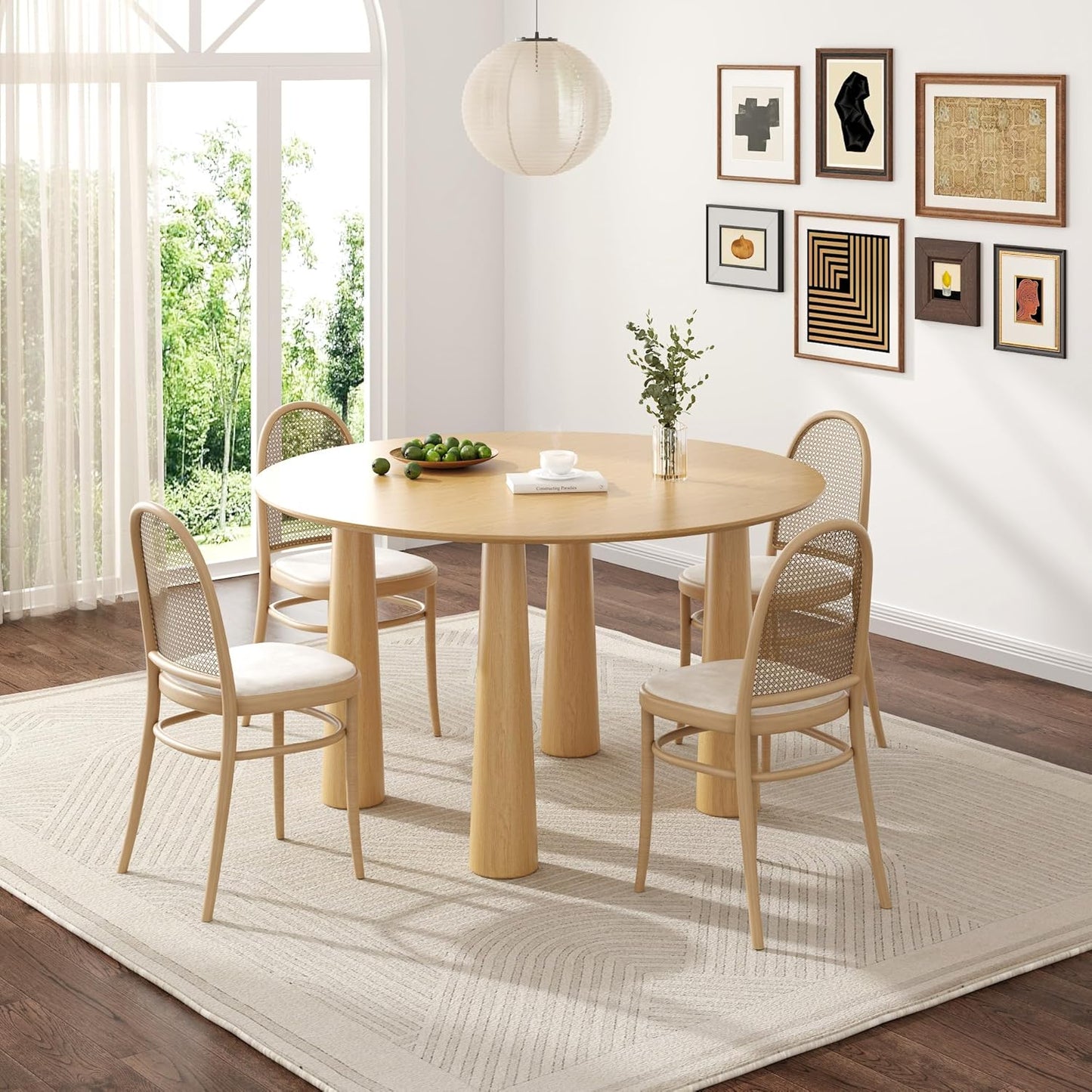 Casaphoria 52" Round Dining Table, Kitchen Table for 6 with Arc-Shaped Edge Top and Cylindrical Legs, Easy Assembly for Living Room, Dining Room, Oak