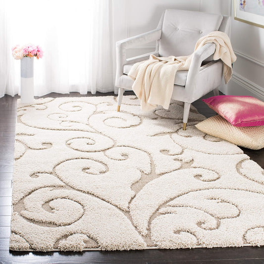 SAFAVIEH Florida Shag Collection Accent Rug - 3'3" x 5'3", Cream & Beige, Scroll, Non-Shedding & Easy Care, 1.2-inch Thick Ideal for High Traffic Areas in Entryway, Living Room, Bedroom (SG455-1113)