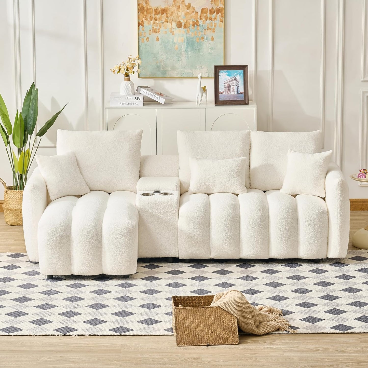 92-Inch Teddy Boucle Tufted Sofa Couch with Storage Console and Chaise Lounge, L-Shaped Left Facing Corner Sectional Sofa Couch with Cupholders, USB Ports and Golden Accent for Living Room Office