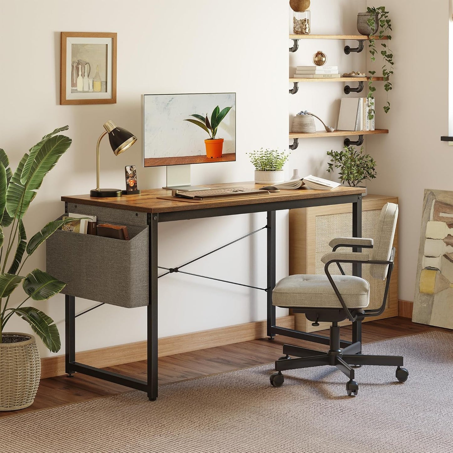 Cubiker Computer Desk 55 inch Home Office Writing Study Desk, Modern Simple Style Laptop Table with Storage Bag, Brown