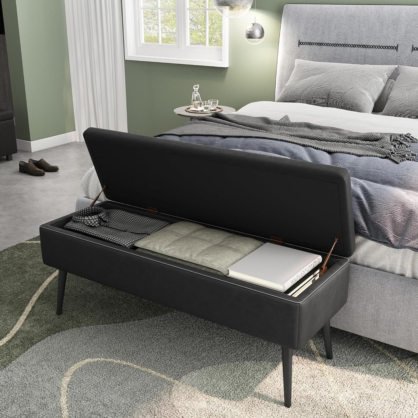 GarveeHome Storage Ottoman Bench, Mid-Century Modern Entryway Bedroom Bench, Synthetic Leather with Stitching, Safety Hinges, Loads 680 Lb, Black