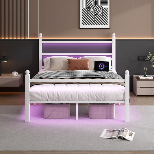 Full Size Bed Frame with Headboard and Footboard,Steel Slats Support-LED Bed Frame with USB Charging Station,Mattress Foundation-Under Bed Storage,No Box Spring Needed,Noise Free,White