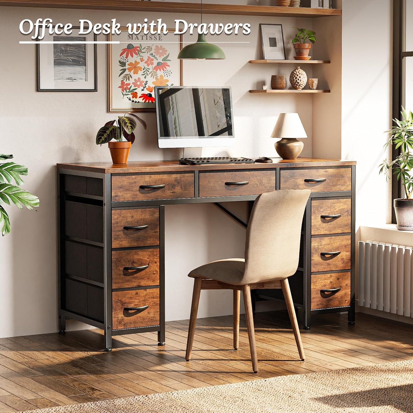 PRAISUN 47 Inch Office Desk with Outlets, Computer Desk with 9 Fabric Drawers, Writing Gaming Work Study Desk for Bedroom, Living Room, Home Office, Large Storage, Rustic Brown