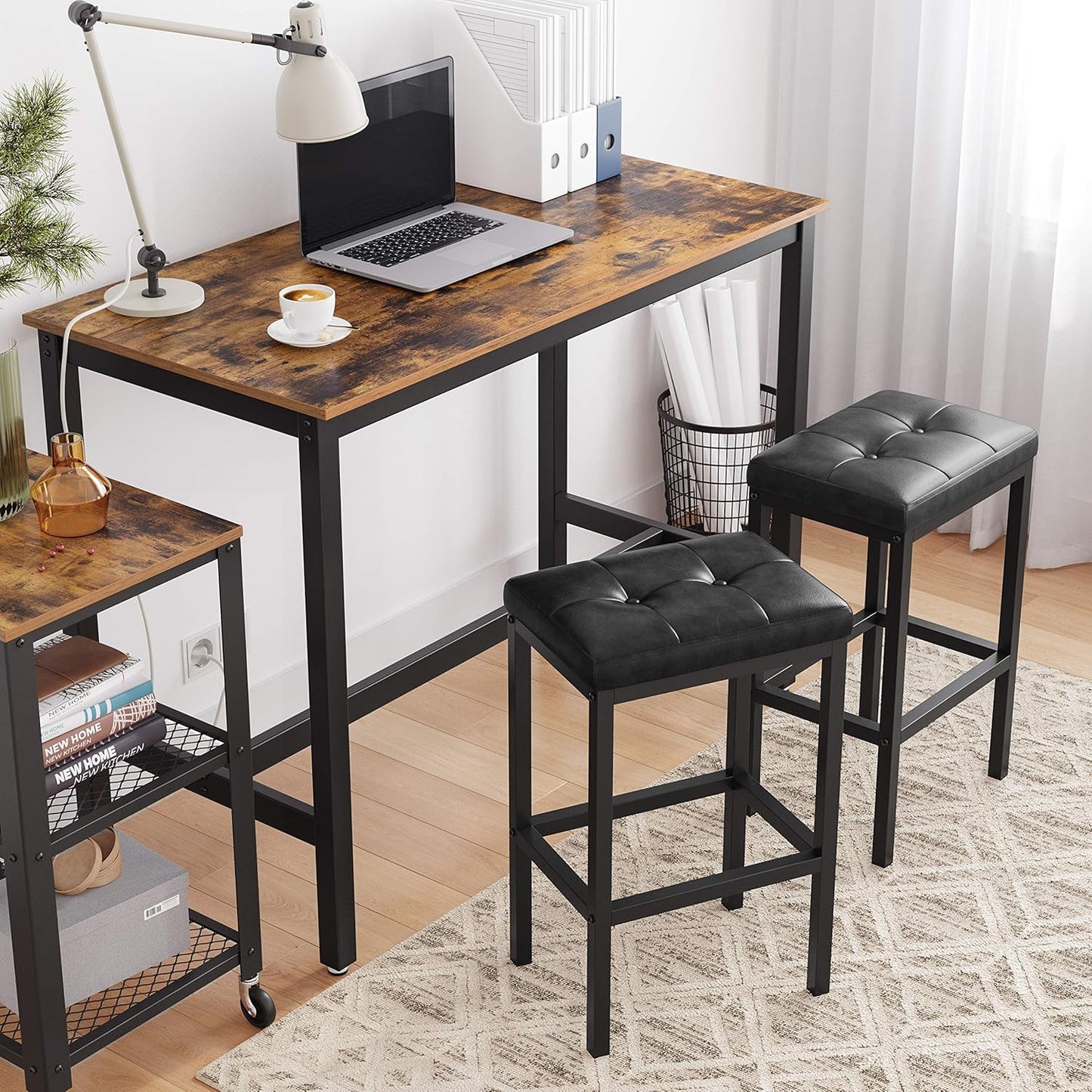 VASAGLE Bar Stools, Set of 2 PU Upholstered Breakfast Stool, 15.7 x 11.8 x 24.4 Inches, Backless, Simple Assembly, Industrial, Dining Room Kitchen Counter Bar, Black Seat and Black Frame ULBC068B81