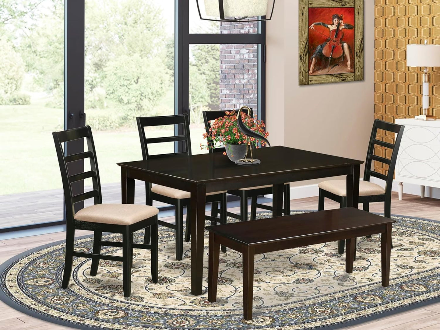 East West Furniture CAPF6-CAP-C 6 Piece Dining Table Set Contains a Rectangle Kitchen Table and 4 Linen Fabric Dining Chairs with a Bench, 36x60 Inch, Cappuccino
