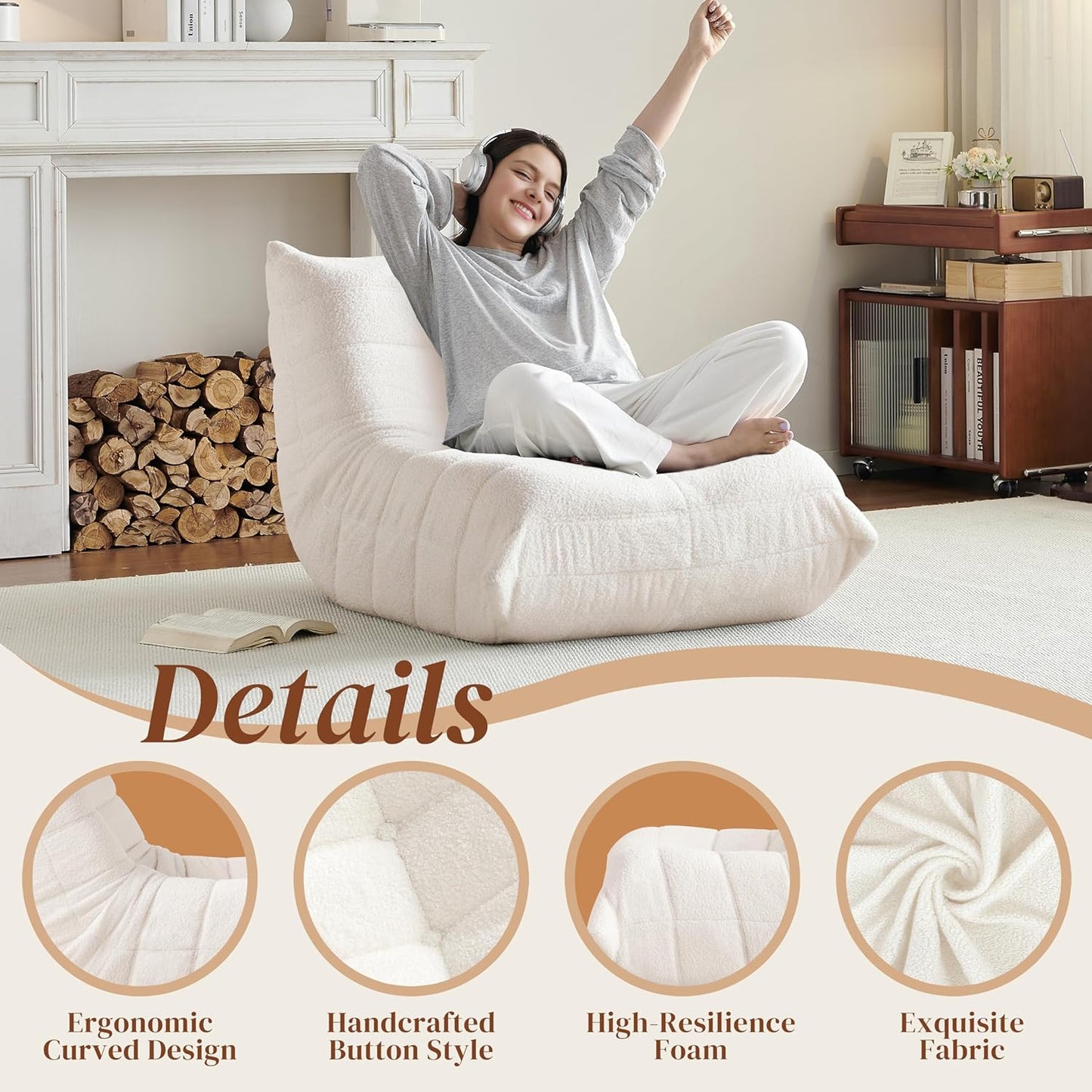 Bean Bag Chair, Fireside Chair Bean Bag Sofa for Adults, Bean Bag Chairs for Teens with High-Resilience Foam, Memory Foam & Non-Slip Base Bean Bag for Living Room, Bedroom, Office (Teddy, Beige)