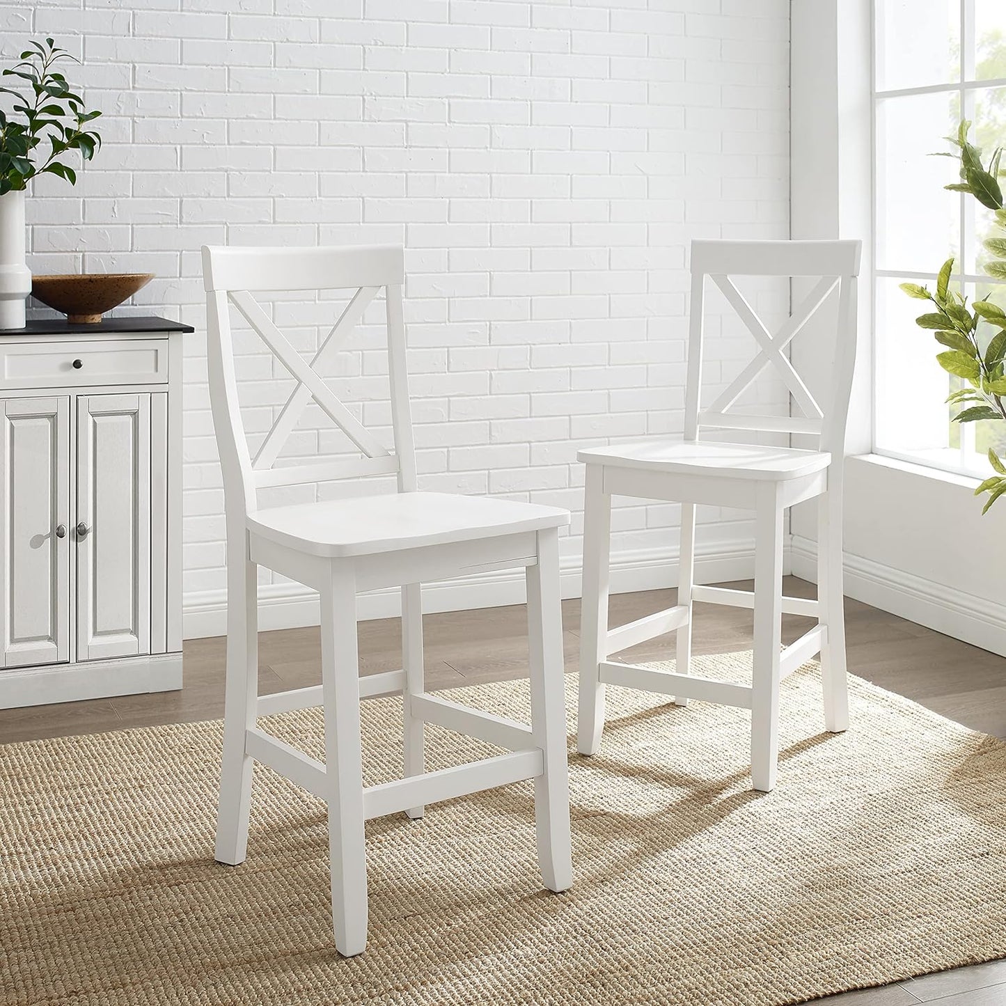 Crosley Furniture X-Back Wood Counter Height Bar Stools Set of 2, White, 24-inch