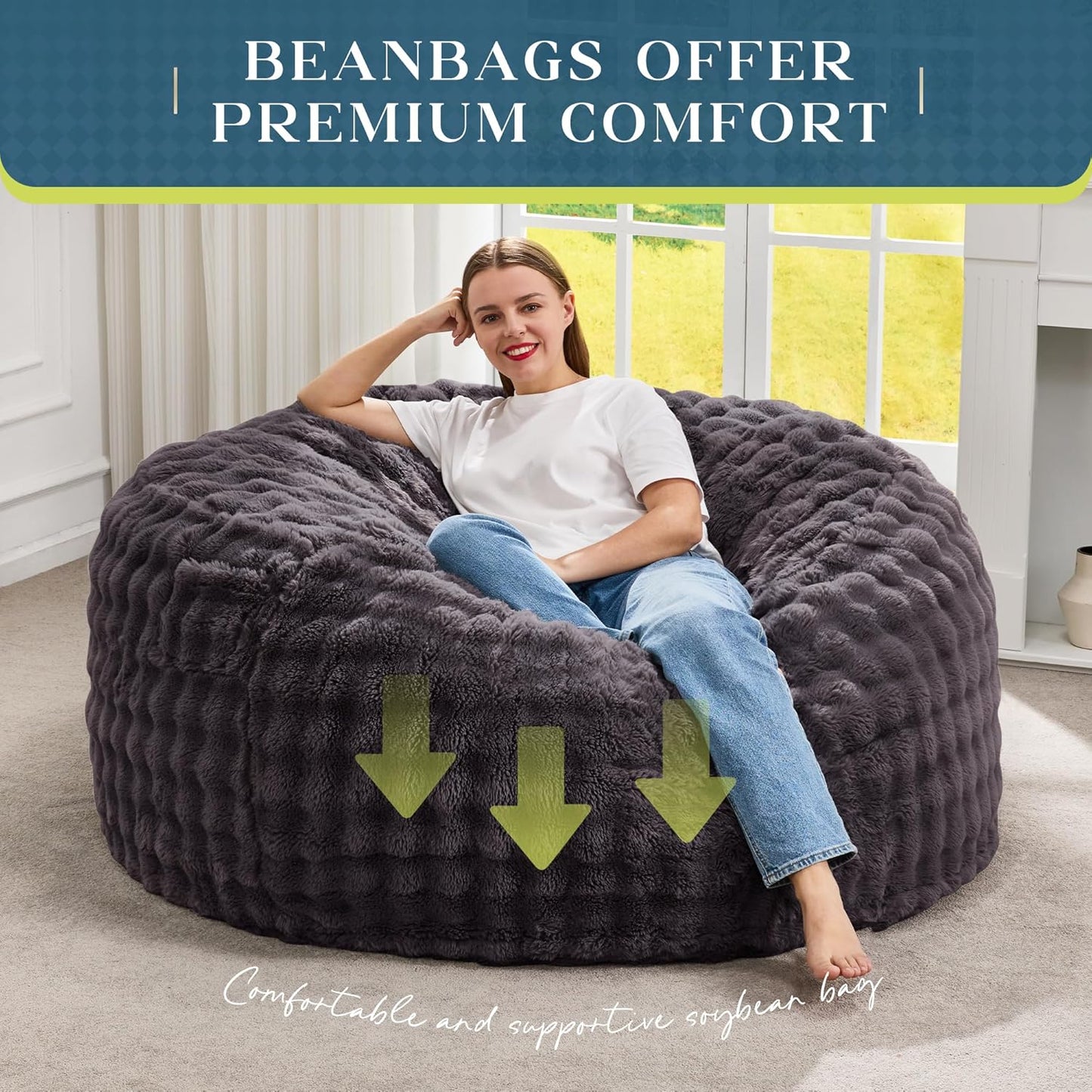 Hobestluk Bean Bag Chairs 4ft Beanbag Chair with Filler Adult Bean Bags with Fluffy & Machine Washable Cover, Giant Bean Bag Chairs for Adults (Dark Grey, 4FT-44" x 44" x 24")