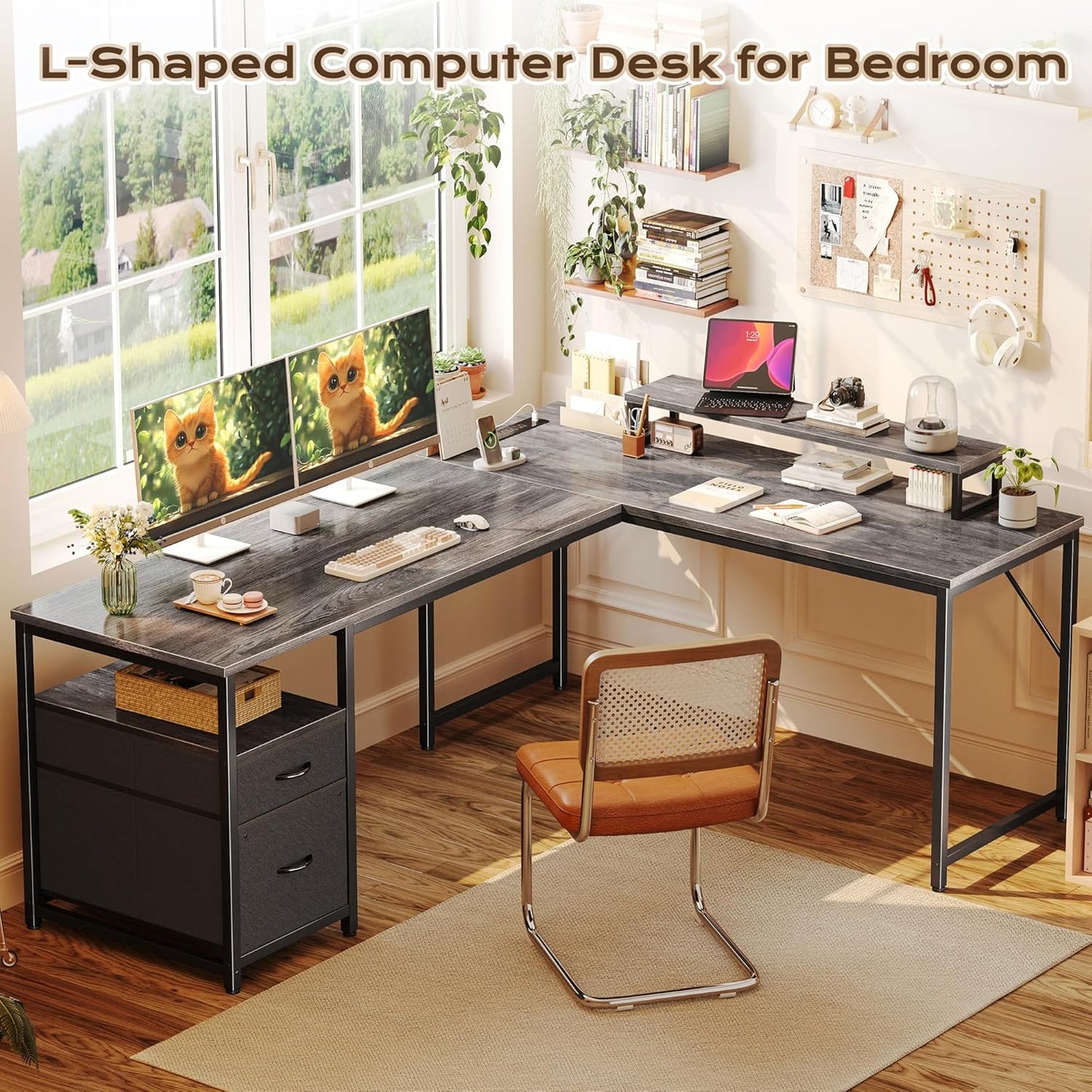 PRAISUN 63 Inch L Shaped Desk with Power Outlets and USB-C Port, Computer Corner Home Office Desk with File Fabric Drawers and Movable Monitor Stand, Larger Storage, Gaming, Writing, Work, Grey