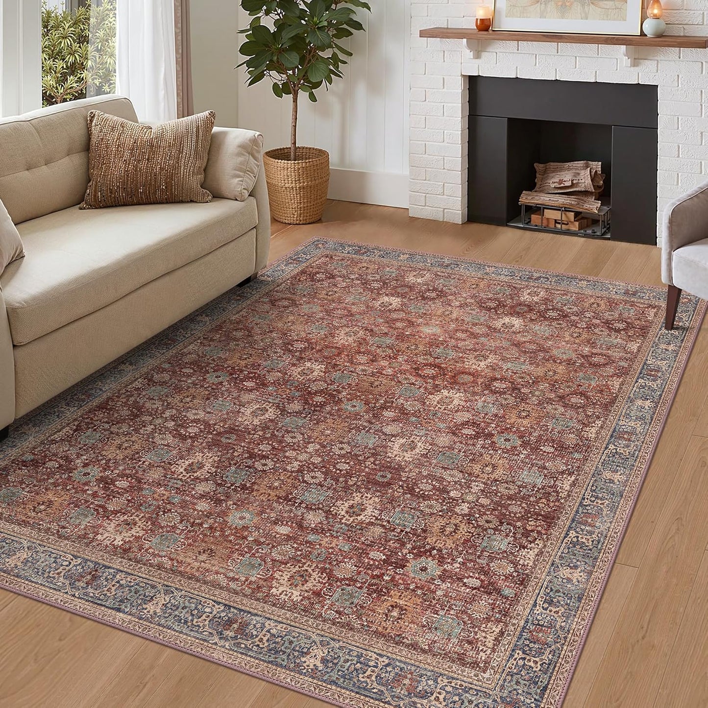 10X14 Area Rugs Machine Washable Rugs for Living Room, Vintage Boho Large Rugs for Bedroom Dining Room, Non Slip Indoor Soft Distressed Lightweight Thin Low Pile Carpet, Red Brown