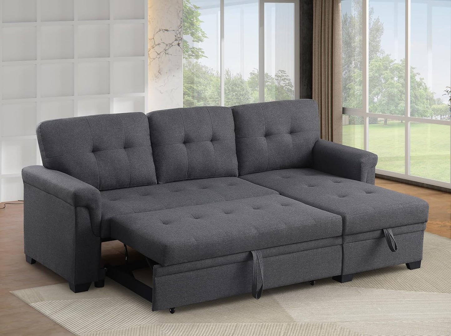 Ball & Cast L-Shape Reversible Sectional Sleeper Sofa Bed 4 in 1 Pull Out Couch with Storage Chaise & Removable Back Cushions,Convertible Sleeper Corner Couch Pull-Out Sofa Bed for Living Room,Office
