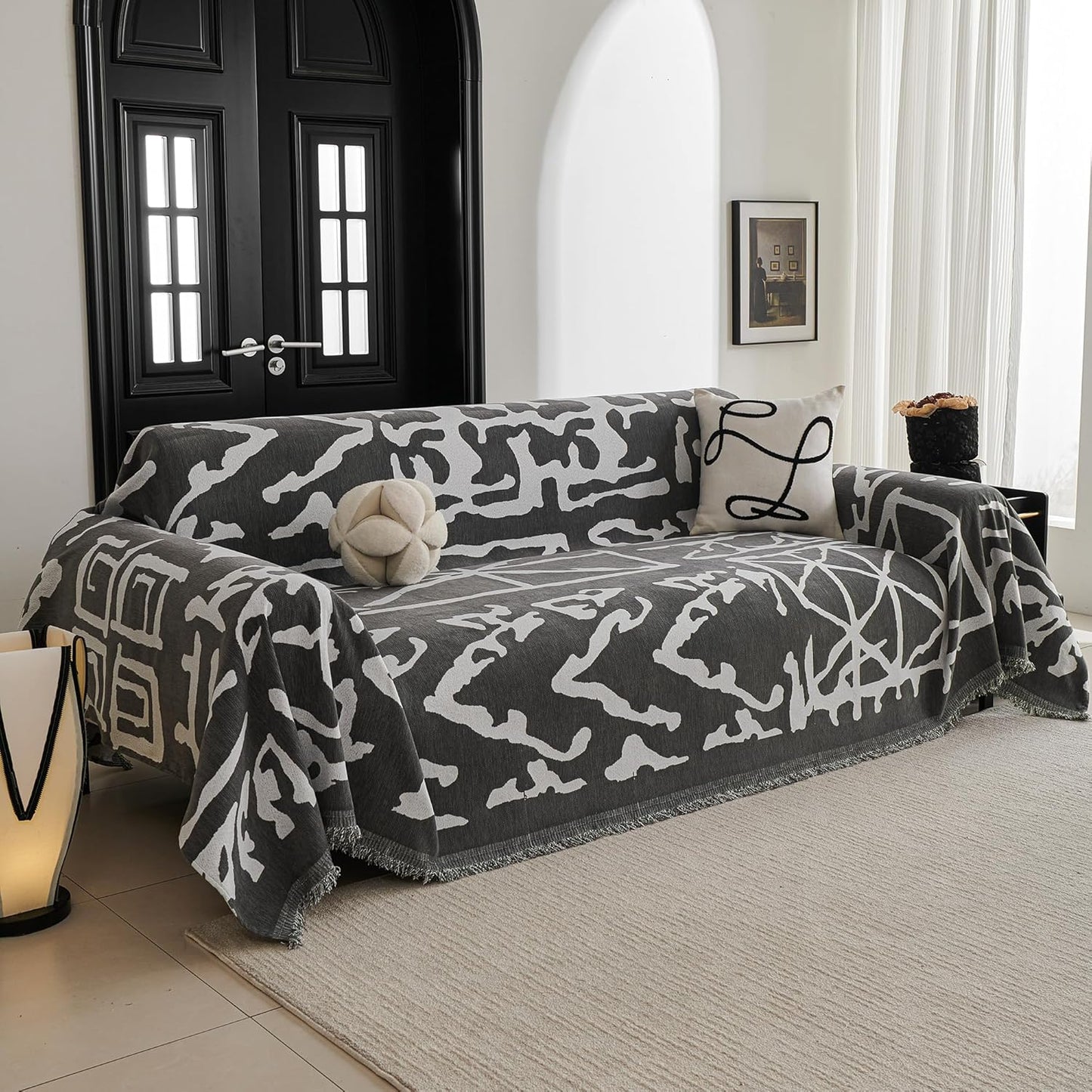 MYSKY HOME Boho Couch Cover Sofa Covers, Couch Covers for 2 Cushion Couch Sofa, Chenille L Shape Sectional Couch Cover - Pet-Friendly, Machine Washable, Sofa Protector for Kid, 71"x118", Grey Geometry