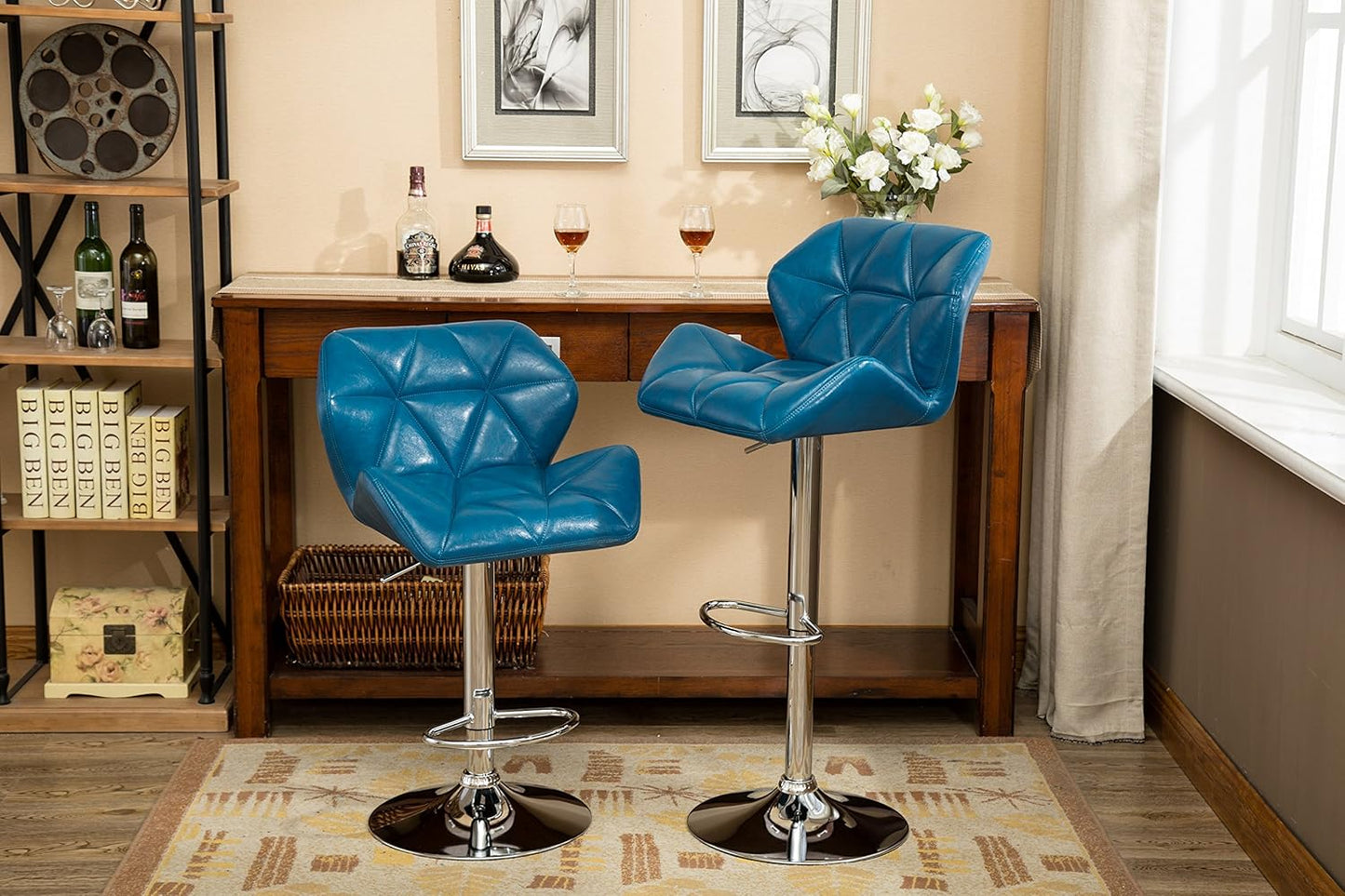 Roundhill Furniture Glasgow Contemporary Tufted Adjustable Height Hydraulic Blue Bar Stools, Set of 2,