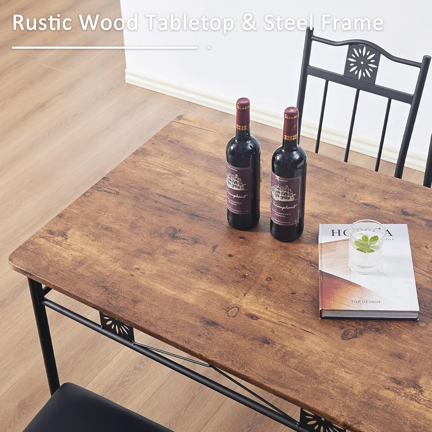 VECELO Kitchen Dining Room Table Sets for 4, 5 Piece Wood Rectangular Breakfast Nook, Dinette with PU Padded Chairs, Brown