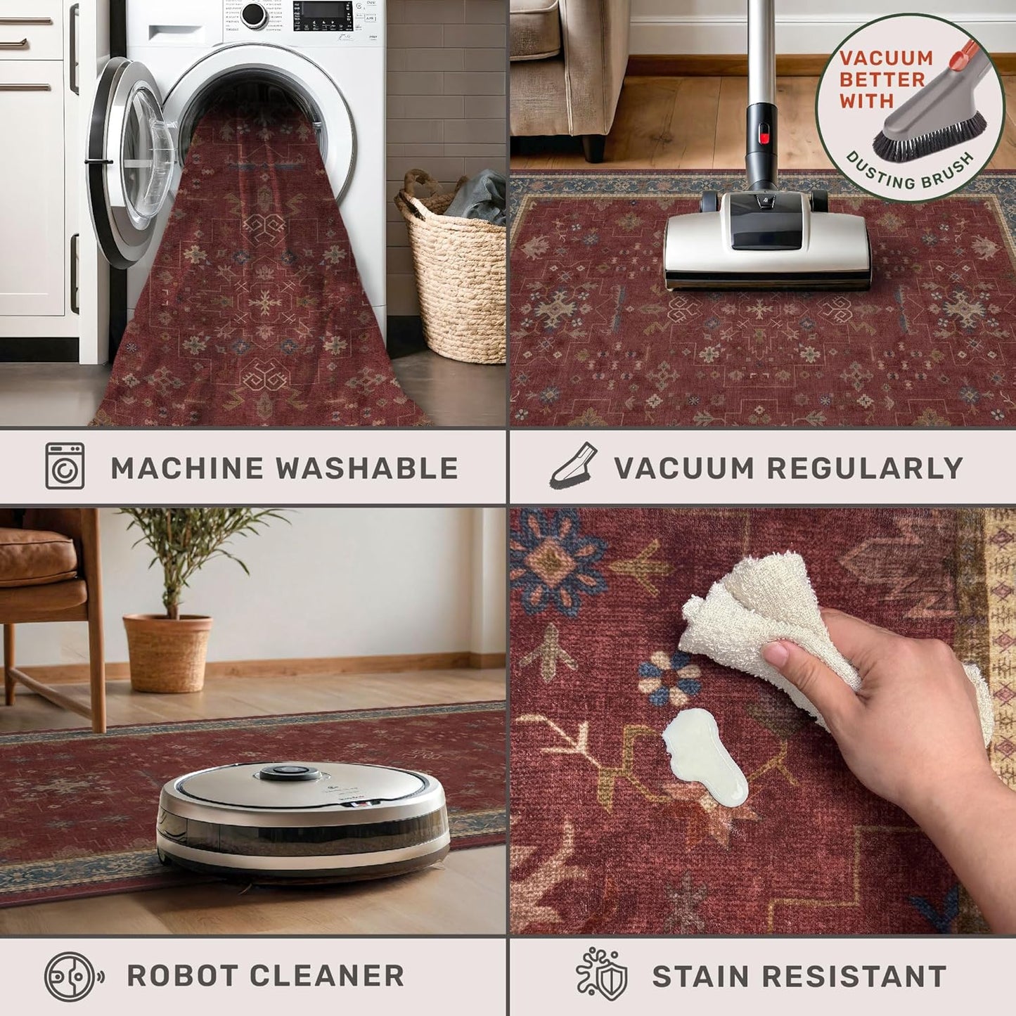 Moroccan Big Rugs for Living Room - Dark Red 10 x 14 Area Rug for Large Bedroom, Dining Room, Washable Lightweight Low Pile Foldable Oriental Burgendy Home Décor