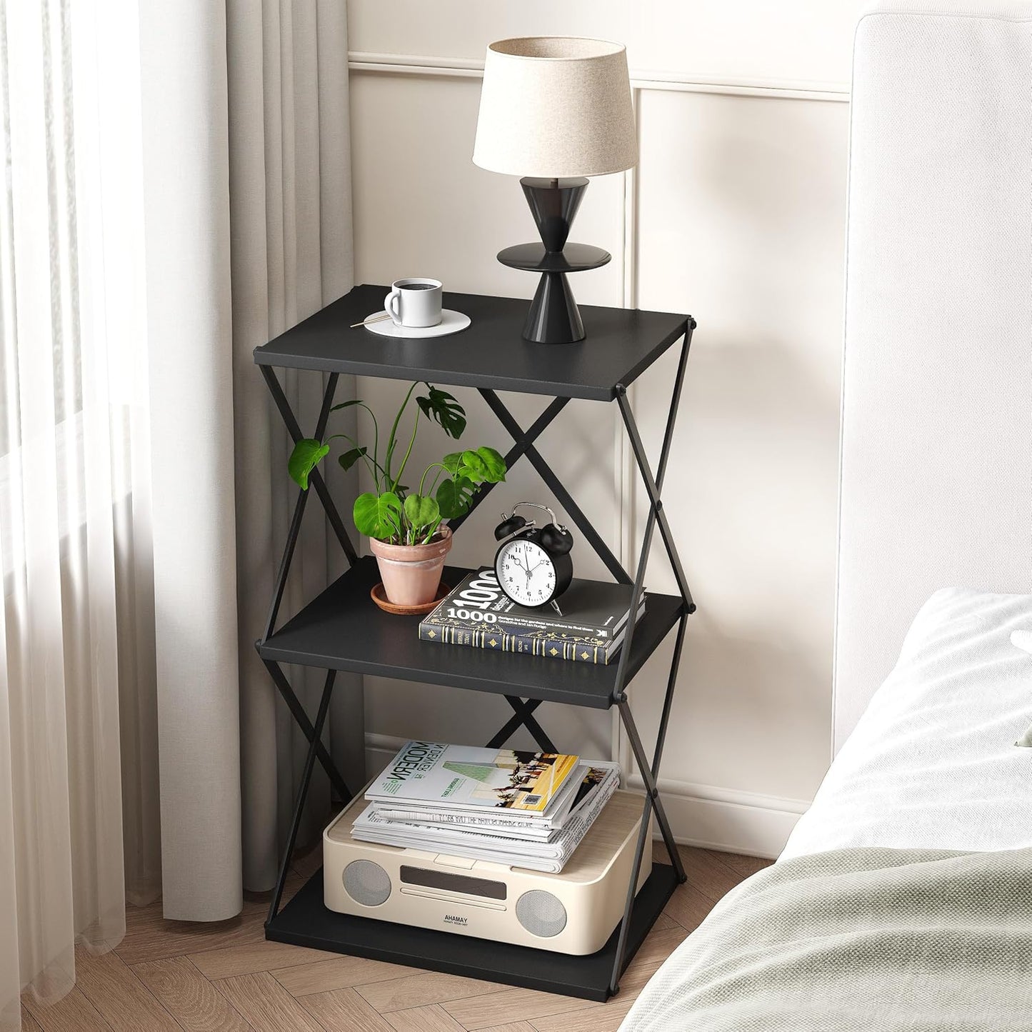 3-Tier End Table Set of 2 Small Side Table Tall Bedside Night Stand with Storage Sofa Side desks for Living Room Bedroom Office Bathroom Small Space, Black ET-03BK-2