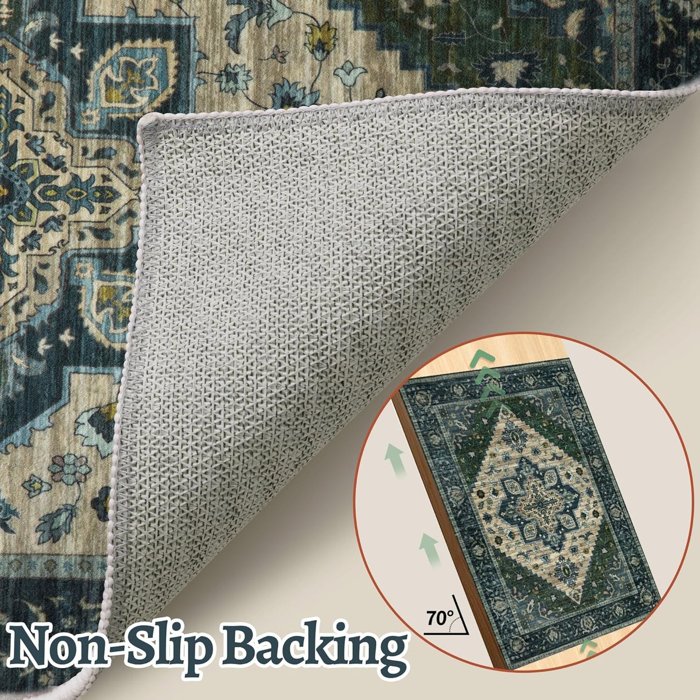 Tangsoo Washable Runner Rug, 2x6 Runner Rugs for Hallways, Non Slip Vintage Rug, Soft Low Pile Long Print Distressed Carpet Runners for Kitchen Bedroom Entryway Bathroom Living Room Green