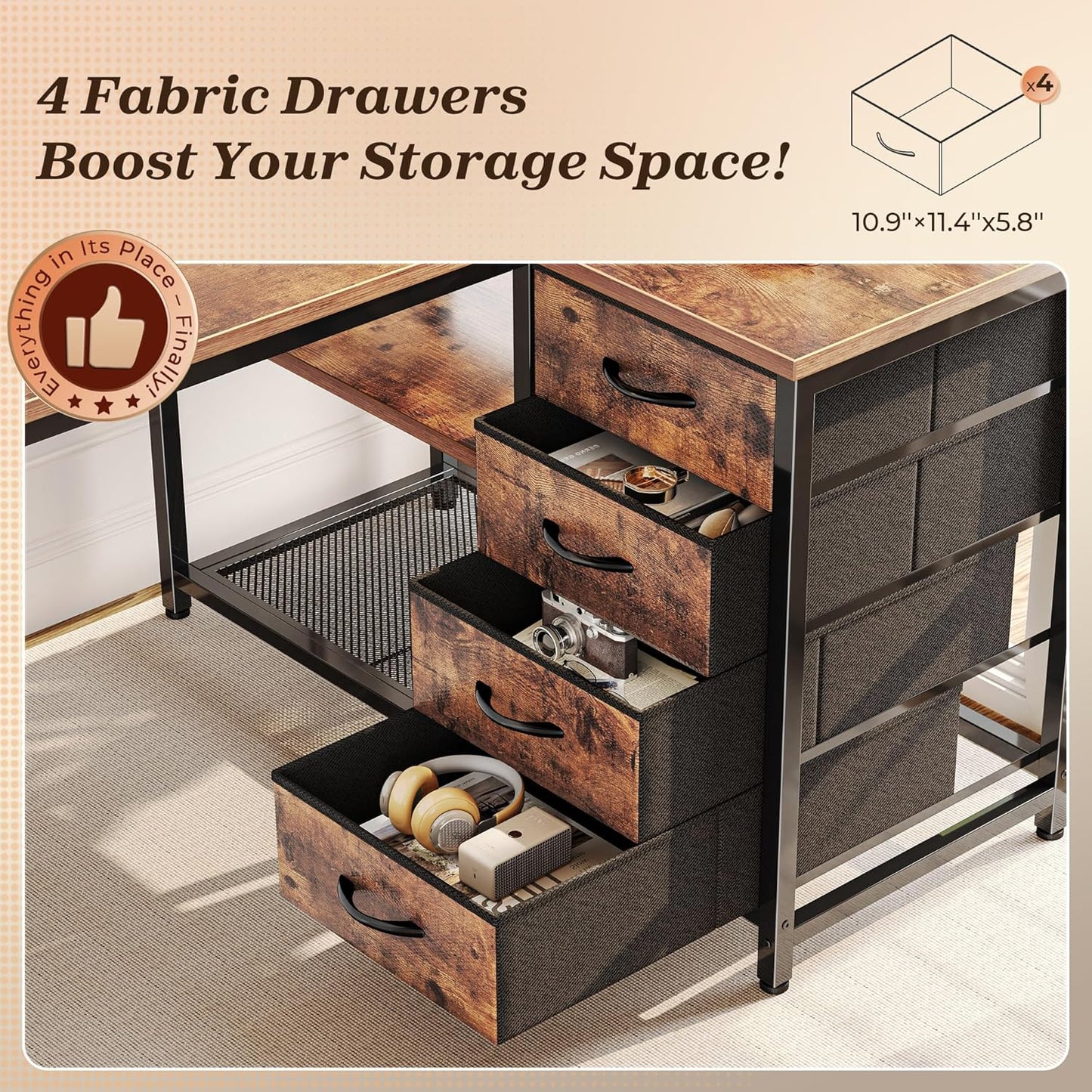 PRAISUN 43.3" Small Computer Desk with Power Outlets and USB-C Port, Reversible L Shaped Corner Office Desk with 4 Fabric Drawers and 2 Height-Adjustable Shelves, for Gaming Writing, Rustic Brown