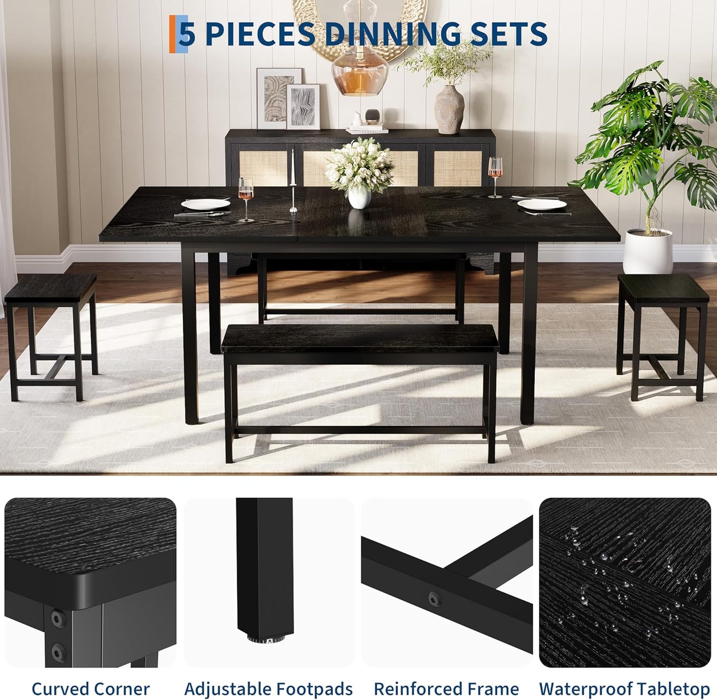 GarveeHome 5-Piece Dining Table Set for 4-8 People, 63" Large Extendable Kitchen Table Set with 2 Benches and 2 Square Stools, Modern Dining Room Furniture Sets, Easy Assembly, Black