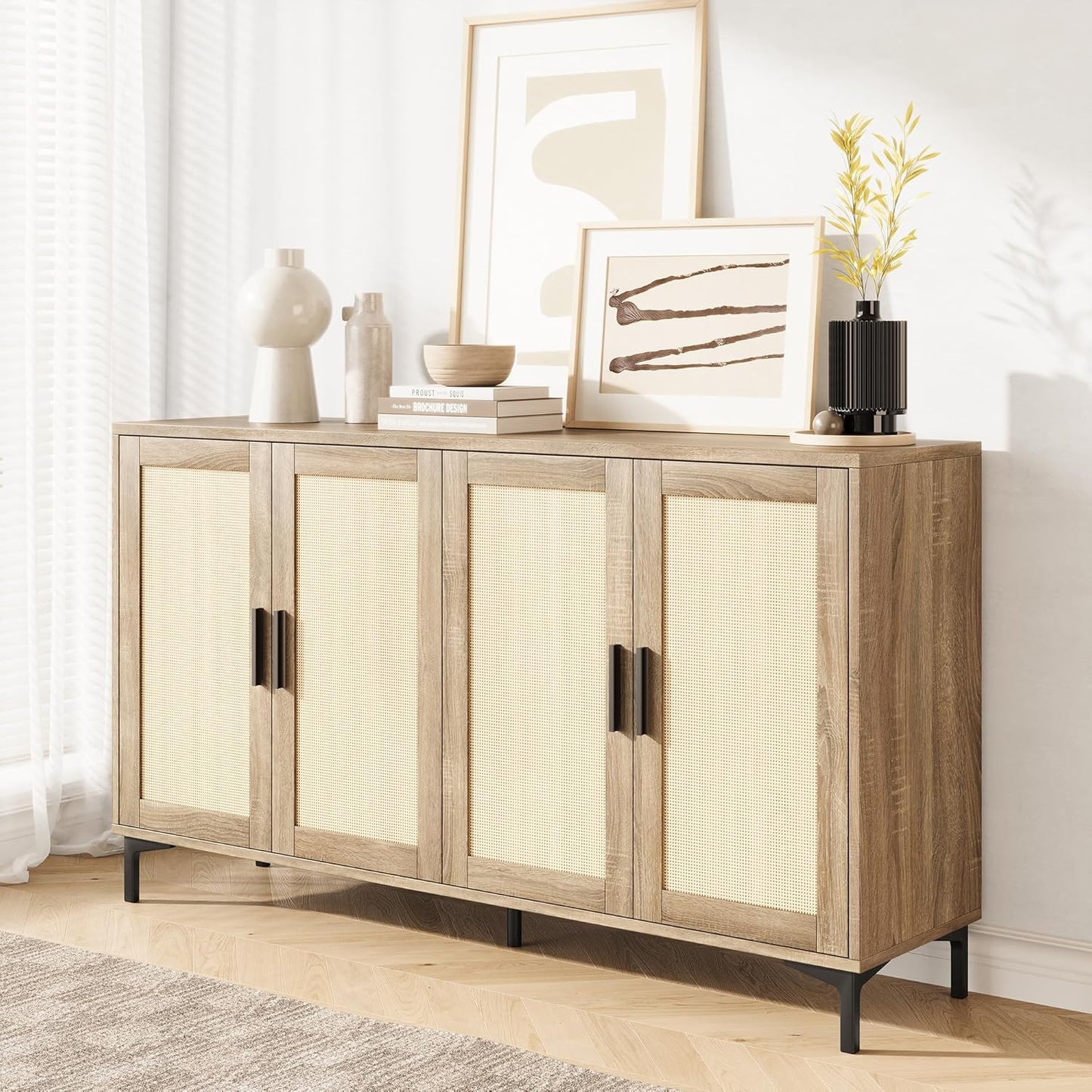 Sideboard - Kitchen Buffet Cabinet with Rattan Decorated Doors, Accent Cabinets with Doors, Coffee Bar Cabinets Rattan Sideboard Buffet Cabinet with Storage (Natural with 4 Doors)