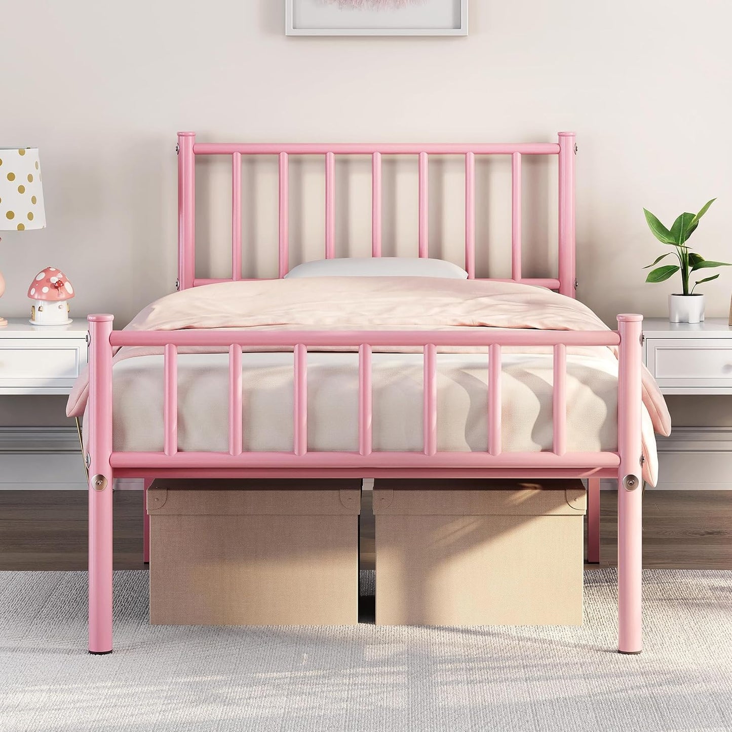 Yaheetech Twin Size Bed Frame Metal Platform Bed Frame Mattress Foundation with Spindle Headboard & Footboard/No Box Spring Needed/14 Inch Underbed Storage/Firm Support & Easy Set up Structure, Pink