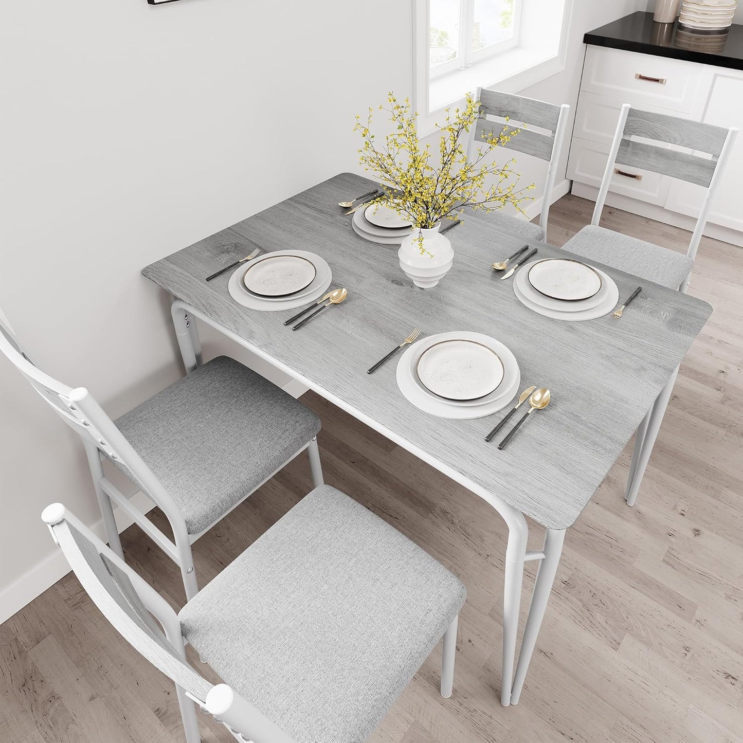 Dining Table for 4, Small Table and Chairs Set of 4, Square Dinette Set for 4, 5 Piece Kitchen & Dining Room Sets for Small Space (White, Table with 4 Upholstered Chairs)