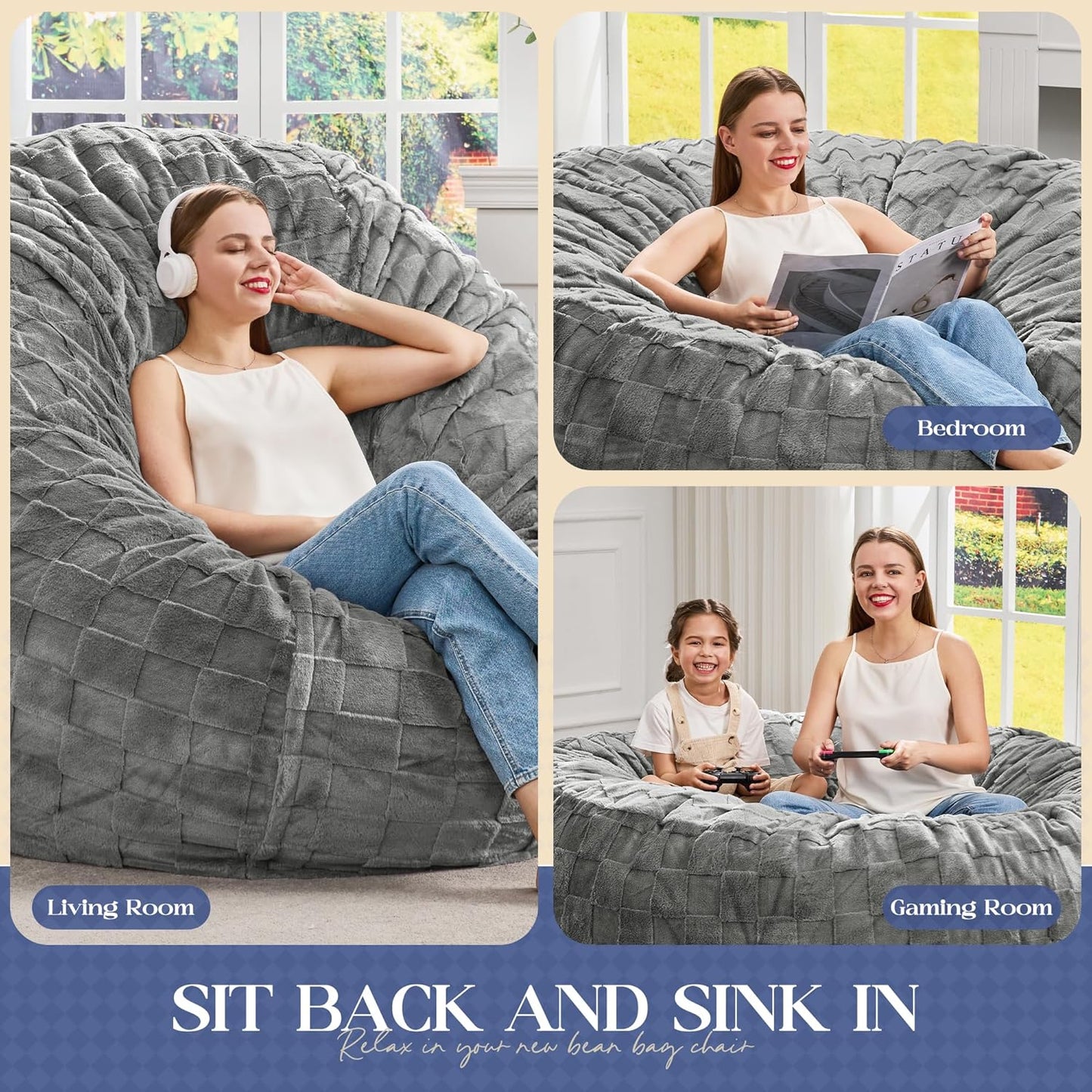 Hobestluk Bean Bag Chairs Beanbag Chair with Filler Adult Bean Bags with Fluffy Plaid Cover, Giant Bean Bag Chairs for Adults for Living Room, Bedroom (Grey, 5FT - 50” x 50” x 24”)