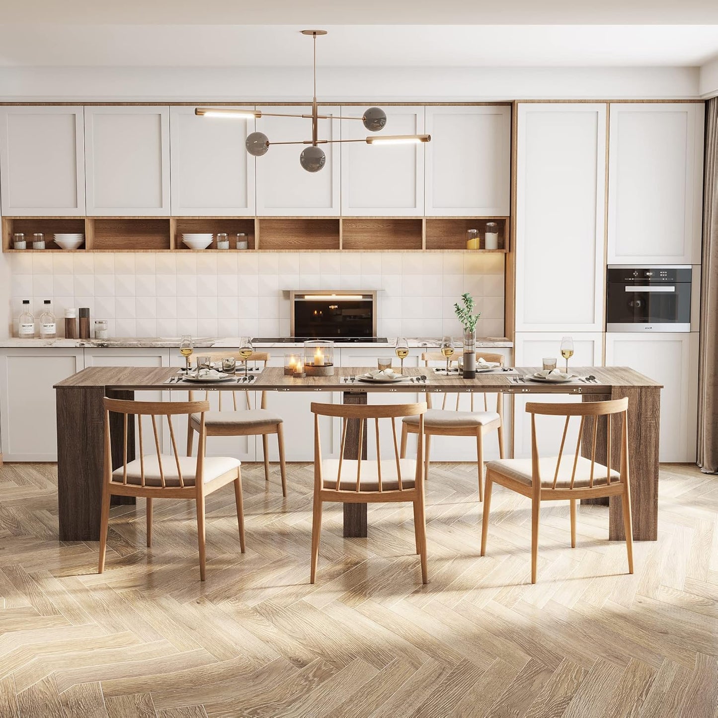 118" Extendable Dining Table for 6-10 Person, Wooden Folding Narrow Dining Room Table, Farmhouse Extendable Console Table for Gatherings, Meeting, Dining Office Areas Brown