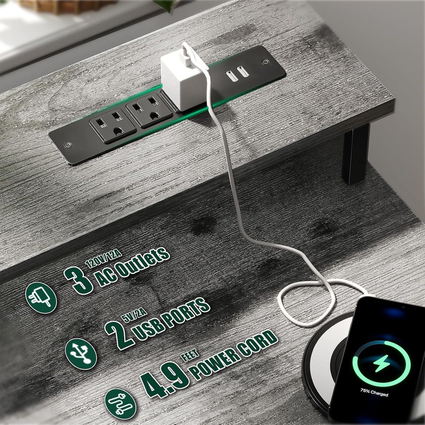 47 Inch Computer Gaming Desk with Power Outlets & LED Lights Reversible Home Office Desk with Adjustable 5 Fabric Storage Drawers for Working Writing Study, Grey