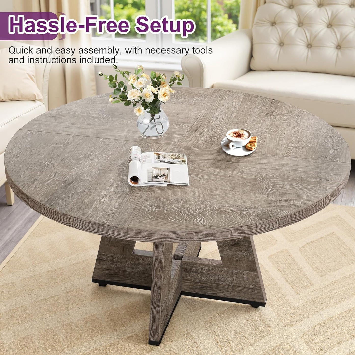 Round Dining Table for 4, 47" Wooden Kitchen Dinner Table Rustic, Farmhouse Table for Dining Room, Living Room, Gery