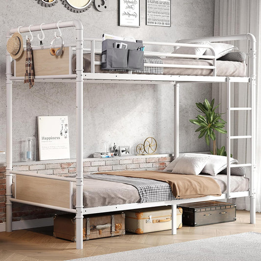 Metal Bunk Bed Twin Over Twin, Industrial Bunkbeds Heavy Duty Bed with Safety Guard Rails and Space-Saving Design, Steel Bed for School, Bedroom (White)