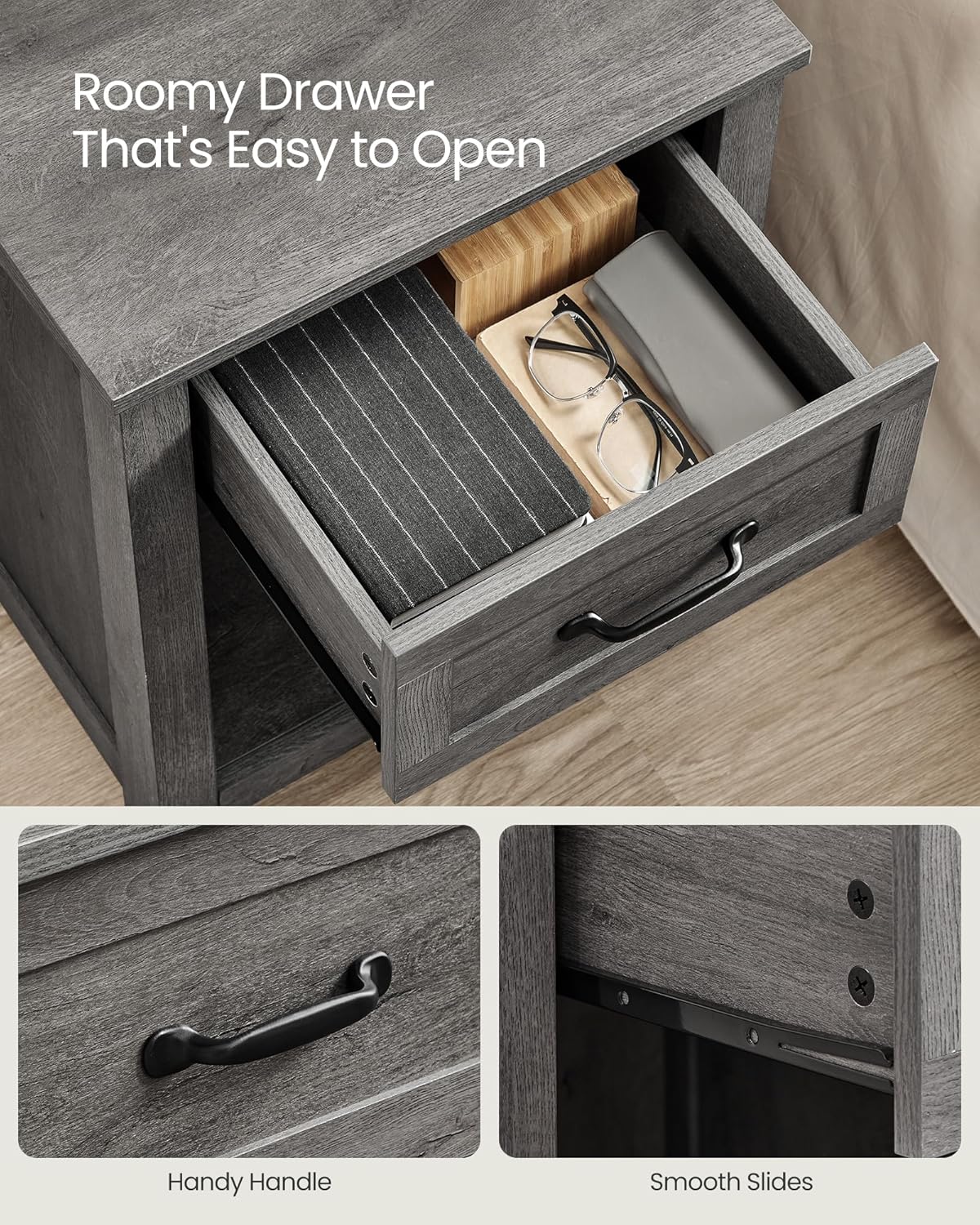 VASAGLE LIRY Collection - Farmhouse Nightstands with Charging Station, Set of 2 Bedside Tables, Side Tables with Drawer, Open Compartment, for Bedroom, Misty Gray ULET859G01