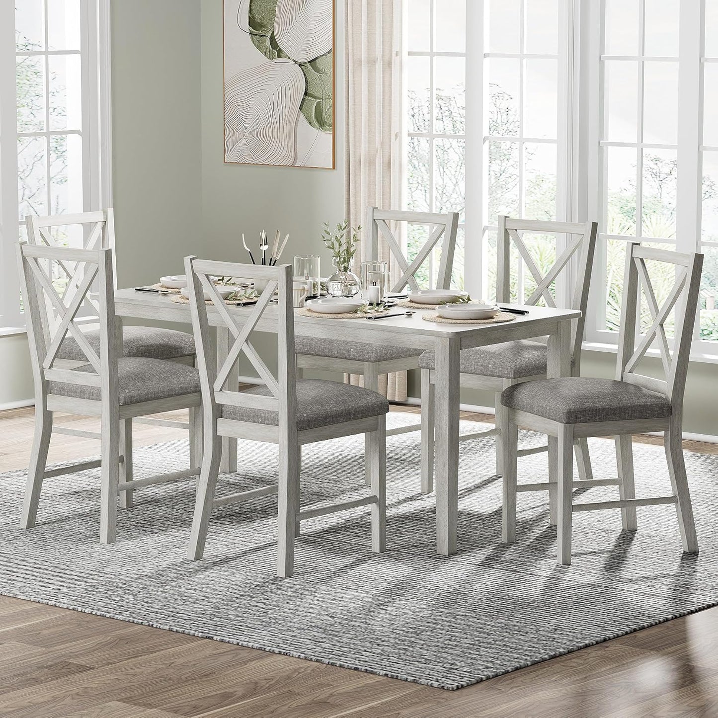 7-Piece Solid Wood Dining Table Set for 6, Modern Breakfast Dinette Kitchen Table with Chairs for Dining Room, Kitchen, Grey