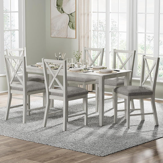 7-Piece Solid Wood Dining Table Set for 6, Modern Breakfast Dinette Kitchen Table with Chairs for Dining Room, Kitchen, Grey