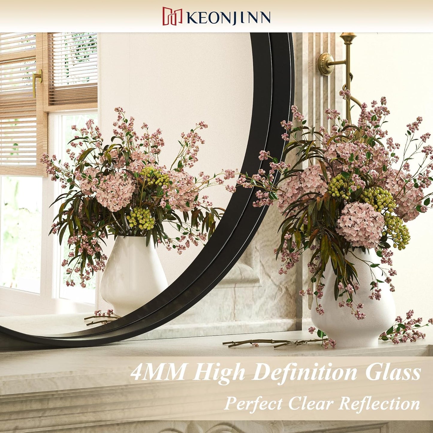 Keonjinn Black Round Mirror 36 Inch, Brushed Black Framed Circle Mirror for Bathroom, Aluminum Alloy Metal Frame, Modern Farmhouse Decorative Wall Mirror for Entryway, Living Room