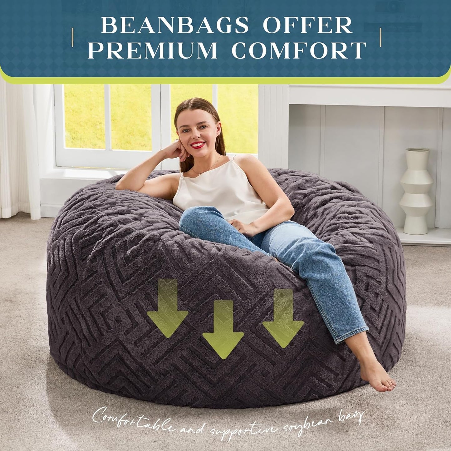 Hobestluk Bean Bag Chairs Adults Beanbag Chair with Filler Large Bean Bags with Fluffy Embossed Cover, Giant Bean Bag Chairs for Adults (Dark Grey, 4FT - 44” x 44” x 24”)