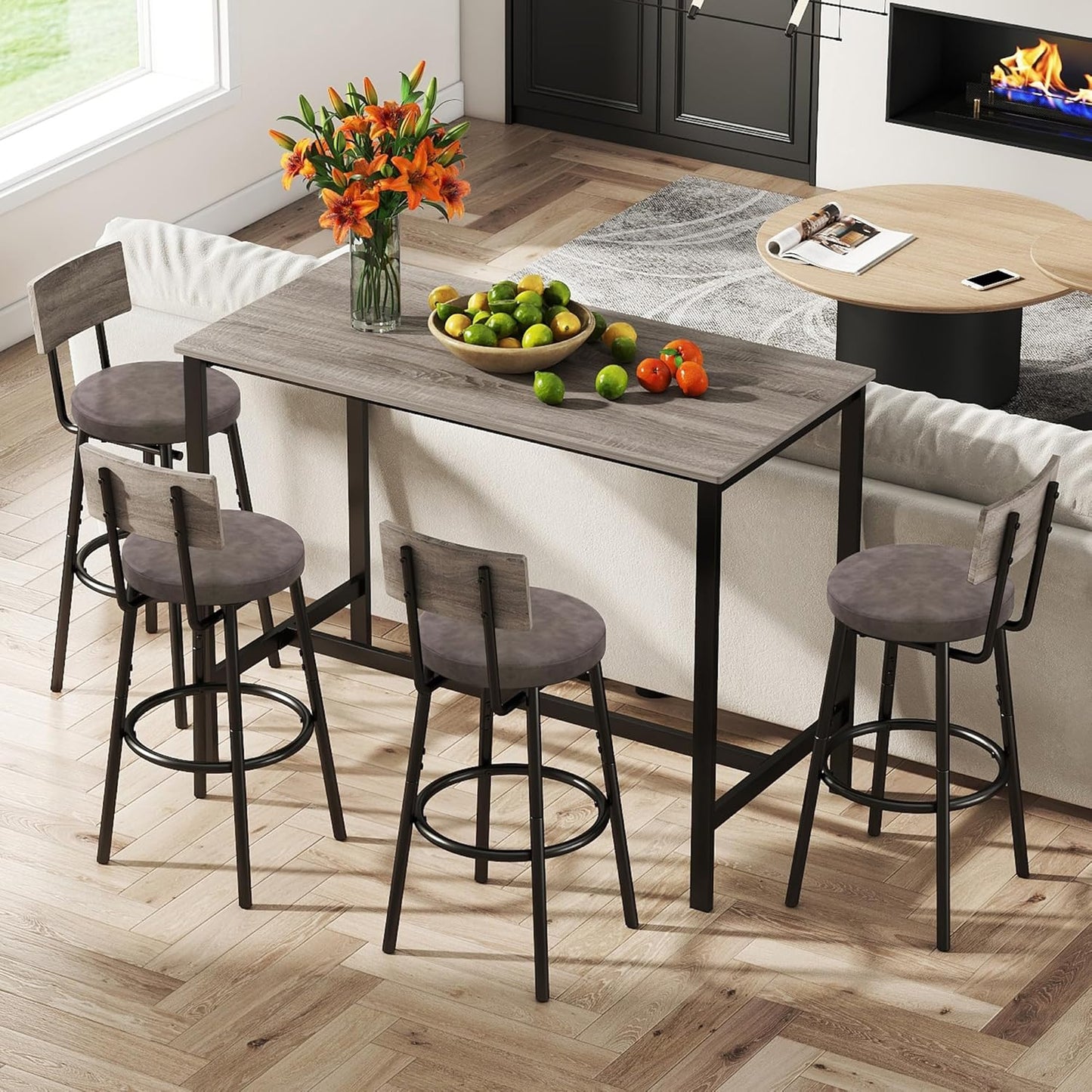 Tatub Bar Table and Stools Set of 4, 5 Piece Counter Height High Breakfast Table Chairs Set of 4 for Dining Room, Gray