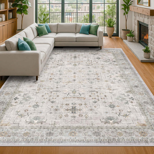 Boho Light Grey Living Room Rug 7x10 - Modern Vintage Eclectic Floral Pastel Neutral Taupe, Washable Low Pile Non-Slip Large Area Rugs for Dining Under Table Bedroom Lounge