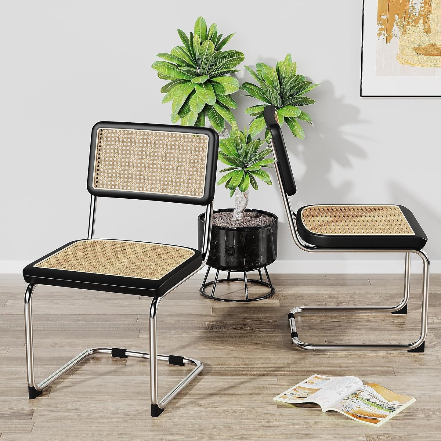 Rattan Dining Chairs Set of 2 Mid Century Modern Dining Room Chairs with Natural Rattan Woven Backrest and Seat Upholstered Kitchen Armless Side Chairs with Metal Legs, Black