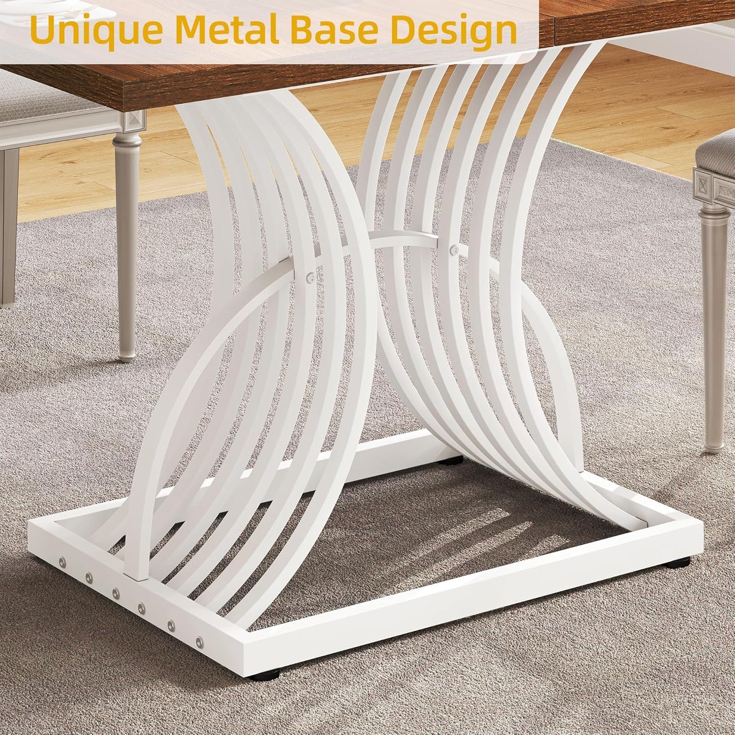 DWVO Modern Dining Table for 4 People 47 Inch Rectangular Kitchen Table with Walnut Tabletop and White Geometric Legs Small Dinner Table Kitchen & Dining Room Furniture Brown