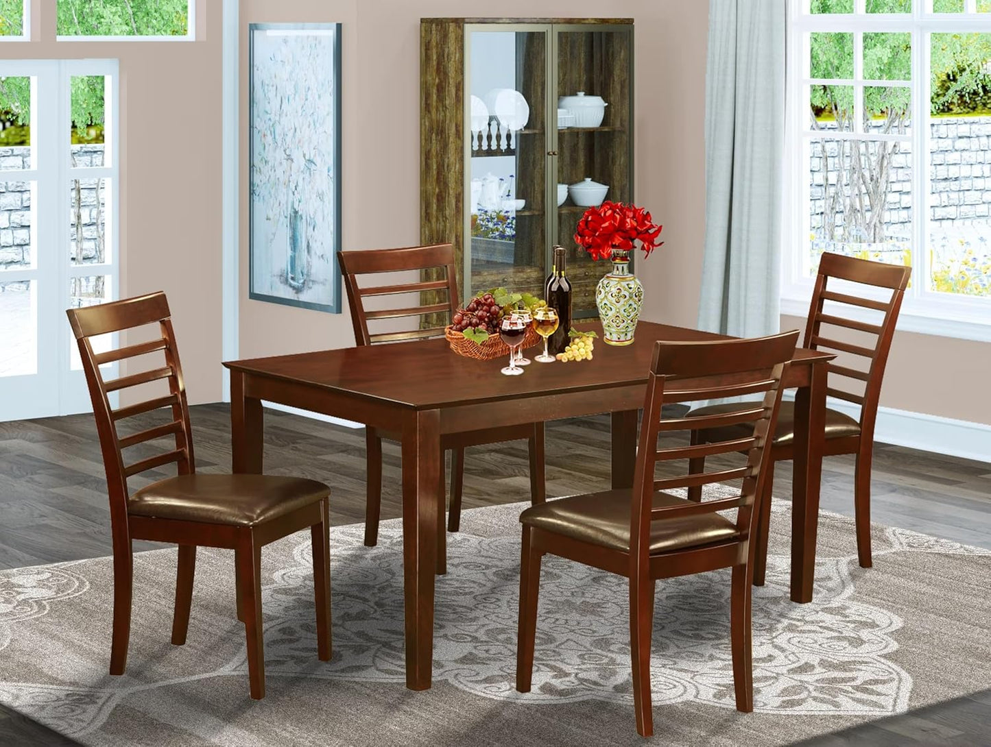 East West Furniture CAML5-MAH-LC 5 Piece Dining Set Includes a Rectangle Dinner Table and 4 Faux Leather Kitchen Dining Chairs, 36x60 Inch, Mahogany