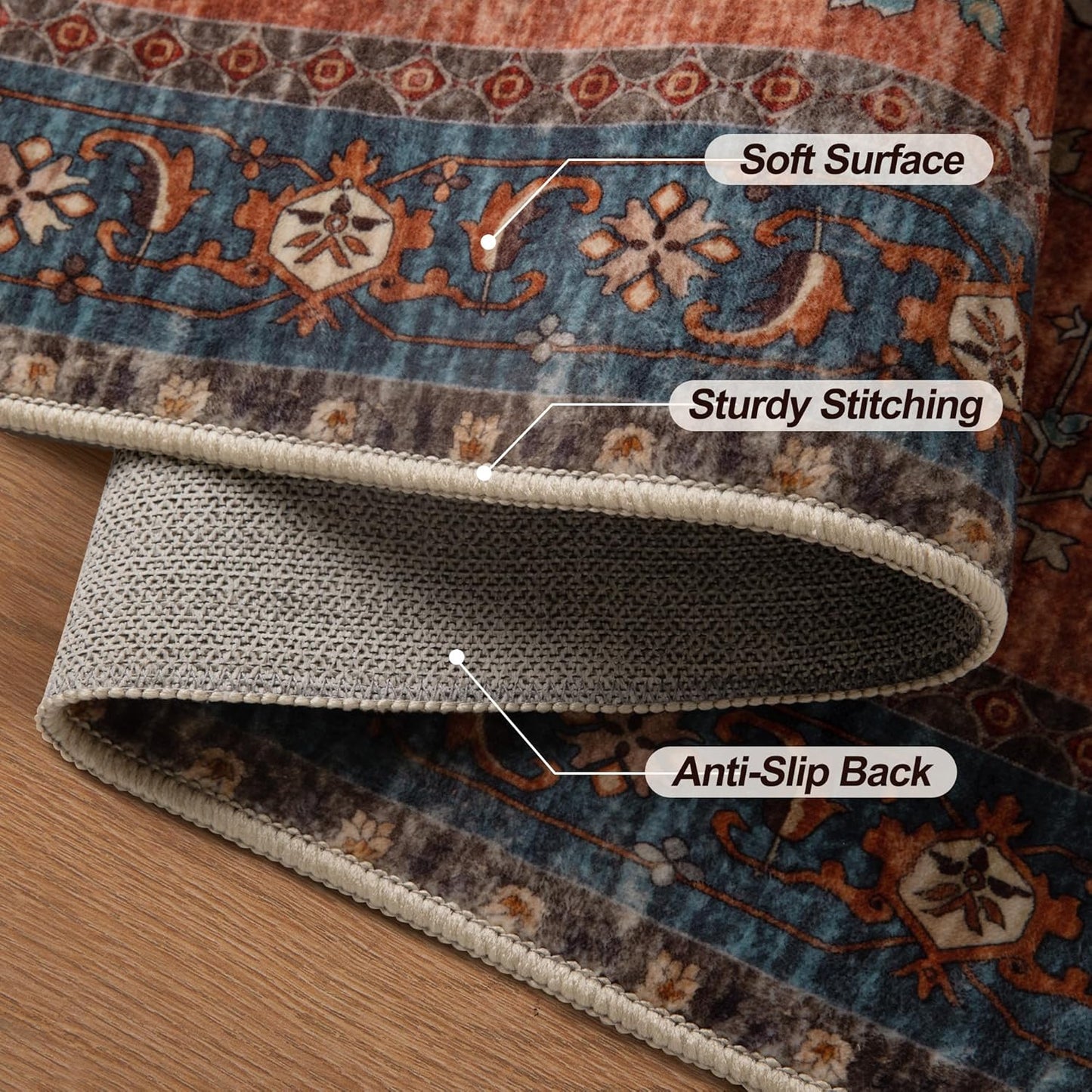 Tangsoo 5x7 Area Rug Washable Rug for Living Room, Vintage Indoor Non Slip Large Area Rugs, Print Distressed Rust Carpet, Soft Low Pile Foldable Floor Rug for Bedroom Dining Room Dorm Terracotta