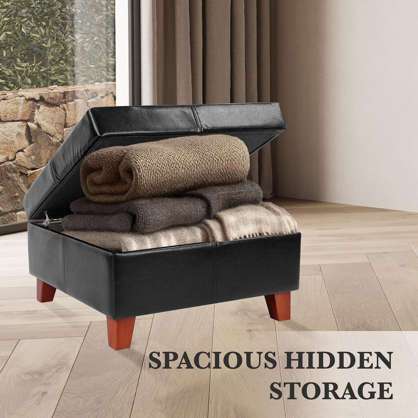 Homepop Home Decor |K2380-E169 | Luxury Large Faux Leather Square Storage Ottoman | Ottoman with Storage for Living Room & Bedroom, Black