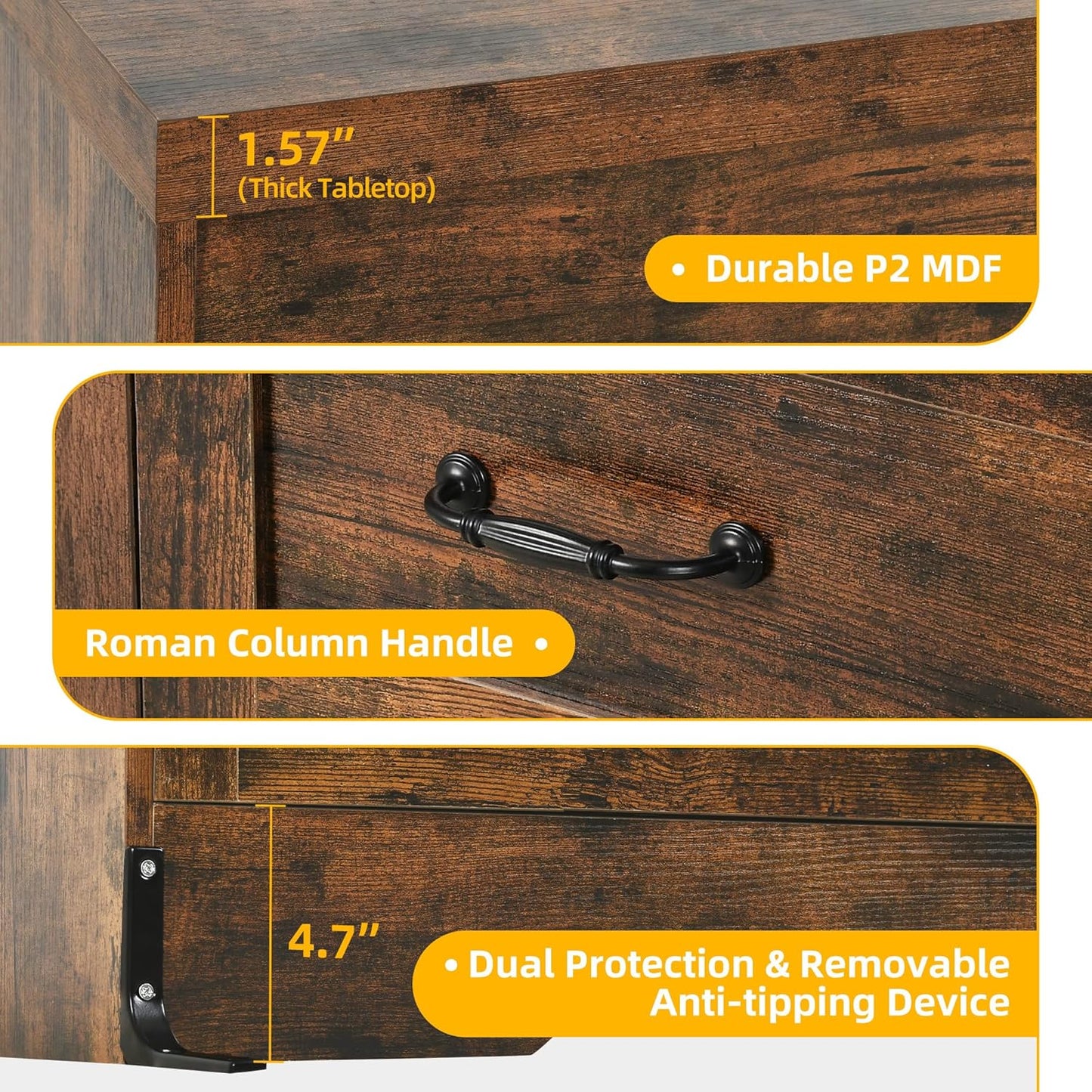 YITAHOME Rustic Brown Drawers TV Stand for 65 inches with Power Outlets -Chest of Drawers Dresser with Side Organizer Bag Entertainment Center TV Console