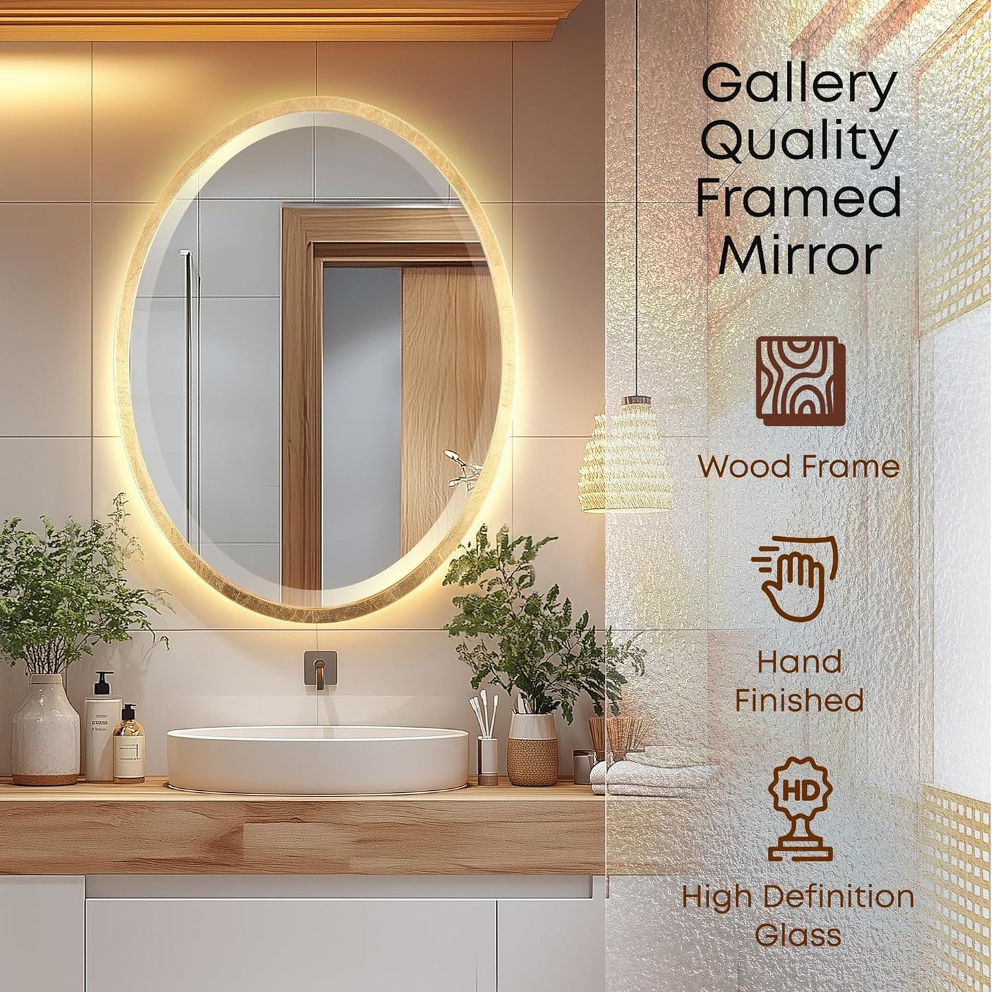 OVALCREST - Oval Wooden Beveled Wall Mirror for Home Decor, Bathroom, Vanity, Bedroom, Living Room, Hallway - London Style (Gold Leaf) 19.1 x 25.1