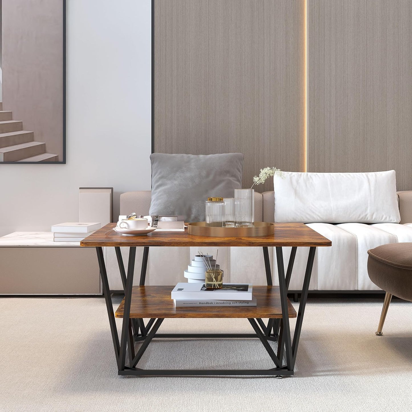 Elephance Square Coffee Table for Living Room, Modern 31.5" Two-Tier Caramel Brown Table with Wooden Top-Almond and Black Frame